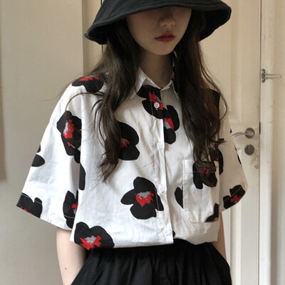 

Summer Women Tops Harajuku Blouse Women Floral Print Short Sleeve Blouses Shirts Female Streetwear