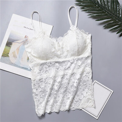 

Female Sexy Lace Padded Camisoles New Solid Black White Spaghetti Strap Sheer Lace Top Womens Underwear