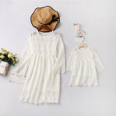 

Summer Fashion Cute Sweet Mother And Daughter Family Set Half Sleeve Lace Hollow Dresses Children Princess Dress