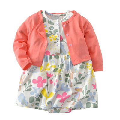 

Baby Girl Clothes Infant Cue Flower Deer Heart Print Dress with Solid Open Stitch Coat Set Children Clothing For Girl