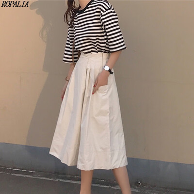 

Womens Fashion Korean Style Striped Top Loose Calf-Length Wide Leg Pants Set Short Sleeves Pullover T-shirt Solid Pants