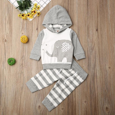 

Newborn Baby Boy Girl Elephant Long Sleeve Hoodie Sweatshirt with Pocket Striped Long Pants 2Pcs Outfit Set 0-18M