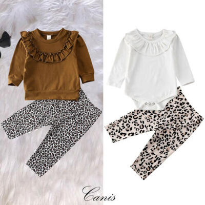 

Newborn Kids Baby Girl Boy Clothes Ruffle Romper Solid Tops Leopard Pants Outfit