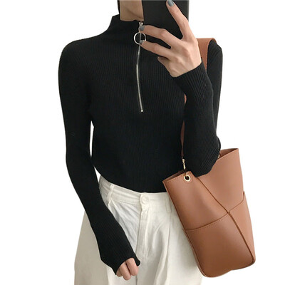 

Fashion Solid Colors Womens Long Sleeve Slim Knitted Zipper Turtleneck Sweater Jumper Pullover Tops female clothes pullover