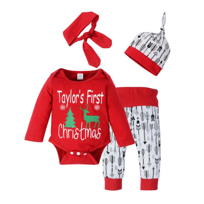 

Hot Sale Christmas Childrens 4 Piece Set Long Sleeve Romper Pants Headwear Hat Set Kids Baby Clothing Set