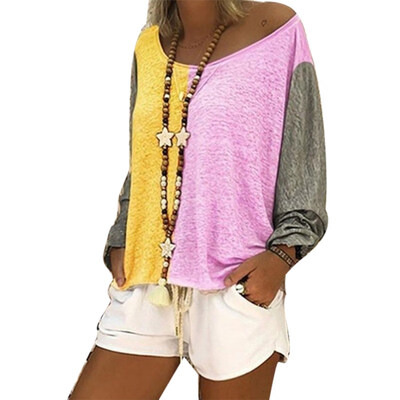 

Spring Women Plus Size Color Block Loose Long Sleeve Round Neck T-Shirt Top