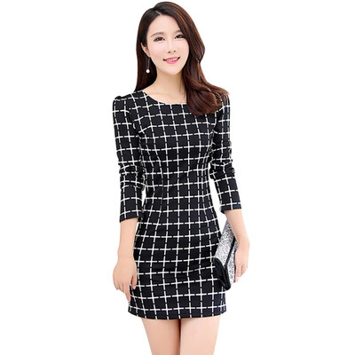 

Bodycon Dress women new plaid printed 34 sleeve summer autumn dresses black white elegant office OL style Fashion Vestidos