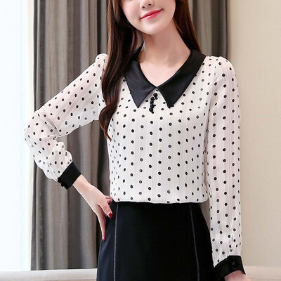 

Tailored Women Autumn Long Sleeve Polka Dot V Neck Blouse Ladies Chiffon Tops T-Shirt