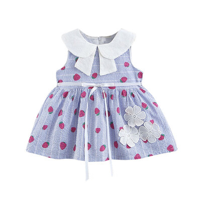 

Baby Summer Girls Dress Round Neck Cotton Strawberry Stripe Print Princess Cute Sweet Stitching Sleeveless Dress