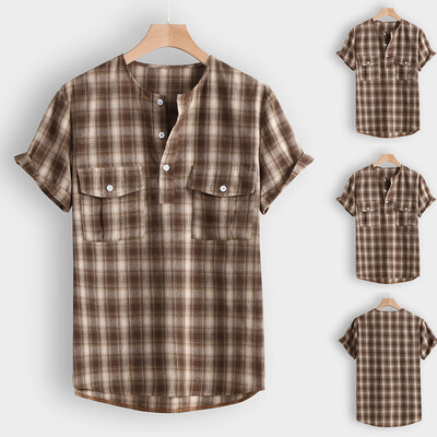 

Toponeto Fashion Mens Casual Button Hawaii Plaid Print Beach Short Sleeve Top Blouse