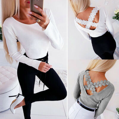 

Womens Sexy Halter Cold Shoulder Slim Fit Long Sleeve Tee Tops Blouse Shirt