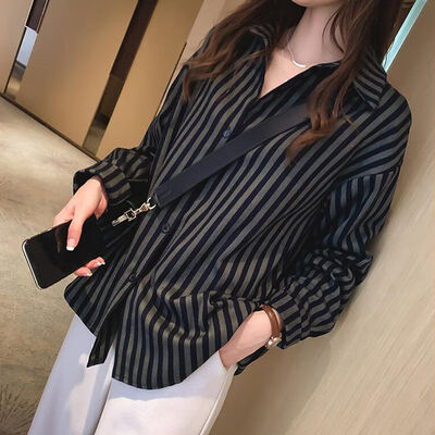

2019 COCKCON fashion womens retro temperament stripe printed loose lapel shirt retro long-sleeved casual top