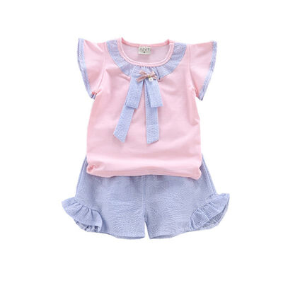 

Summer Baby Girls Clothes Casual Flare Sleeve T-shirt Tops With Bowknot DesignStriped Shorts Suits Costume Set