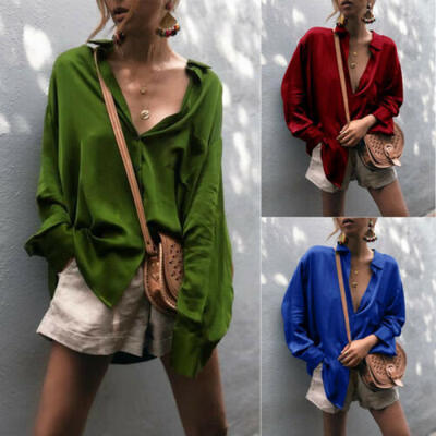 

Women Fashion Blouse Tops Sexy Deep V-neck Satin Casual Long Sleeve Office Shirt
