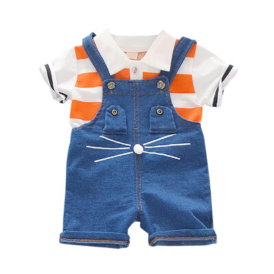 

Boy Shorts Set Summer Baby Boys Short Sleeve Stripe Print Tops Blouse Shirt Denim Suspender Pants Children Casual Outfits Sets