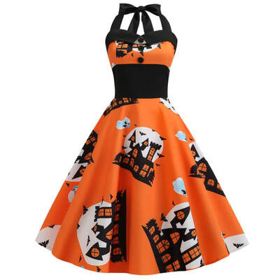 

Womens Fashion New Halloween Vintage Dress Hanging Neck Print Big Swing Sexy Dress high waist Dress