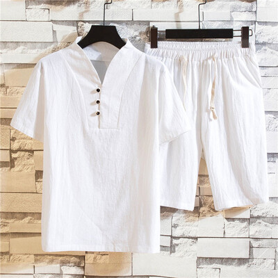 

Toponeto Summer Fashion Mens Cotton And Linen Short Sleeve Shorts Set Suit Tracksuit