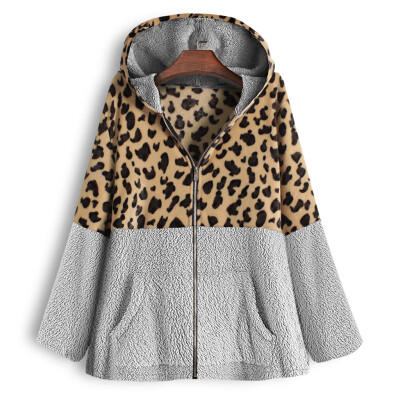 

Tailored Women Zipper Leopard Patchwork Coat Pocket Fleece Hooded Pullover Top Sweater