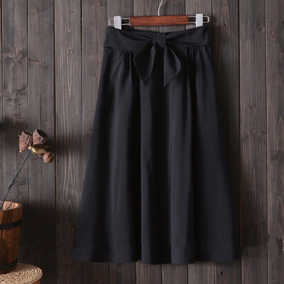 

Elegant Women Skirt High Waist Pleated Knee Length Skirt Vintage A Line Big Bow Red Black Side Zipper Skater Skirts