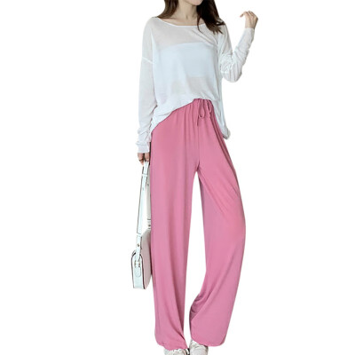 

Summer Womens Elegant New Style Fashion Design O-Neck Solid Perspective Thin Top And Ankle-Length Wide Leg Pants Set