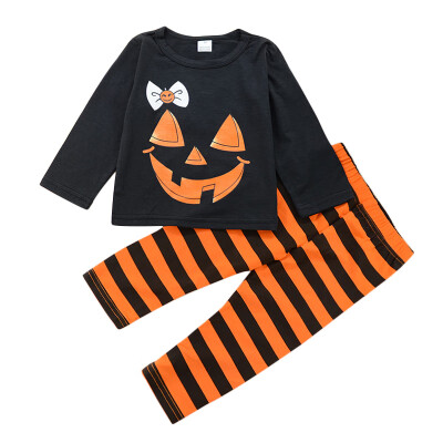 

Autumn Kids Girls Sets Halloween Comfortable Bow Pumpkin Printed Black Long Sleeves T-ShirtBlack Striped Orange Trousers Sets