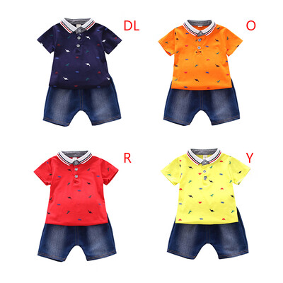 

2PcsSet Summer Children Baby Boys Casual Short Sleeve Dinosaur Print T-shirt TopsDenim Shorts Costume Set