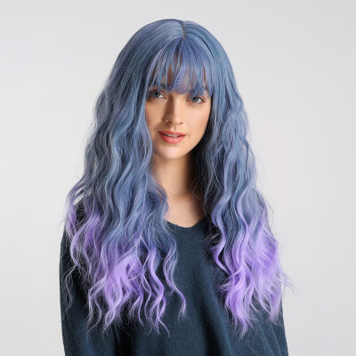 

Gobestart Curly Gradient Blue Wig Long Curly Hair Synthetic Wig Fashion Wavy Wigs Cap