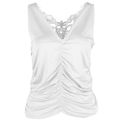 

Plus Size Sexy Women Summer Lace Backless Vest Sleeveless V-neck Pleat Casual Tank Tops Milk Slik Fashion Female Tops 4 Colors