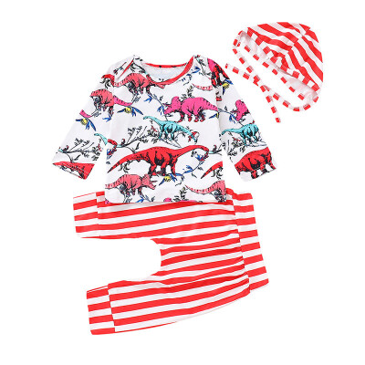 

Spring Autumn Baby Girl Casual Dinosaur Pattern Tops Long Sleeve T-shirt Striped Pattern TopsTrousersStriped Hat Outfits Set 3