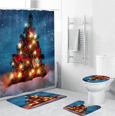 

Gobestart 4Pcs Christmas shower Curtain Bathroom Anti-slip Carpet Rug Toilet Cover Mat Set