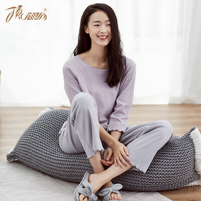

Top melon melon pajamas womens cotton spring fashion Korean version of the seven-point sleeves can be worn outside home service suit t01120jd purple female models a 160