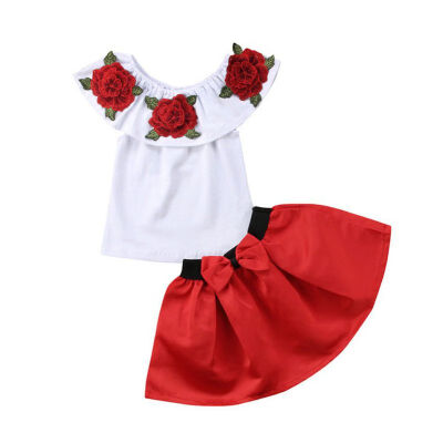 

Fashion Baby Girls Casual Summer Sets Flower Print Off-shoulder Tops BlouseShort Skirts Suits Costume Set