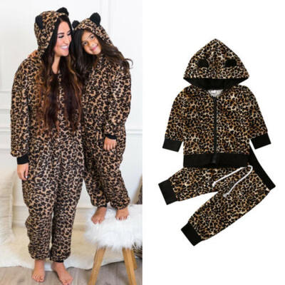 

UK Cute Ears Kids Baby Girl Leopard Zipper TopsPants Leggings Outfit Tracksuit