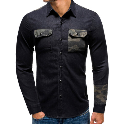

Tailored Men Casual Camouflage Panel Button Down Denim Shirt Top Blouse
