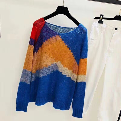 

Women Sweater New Multicolor Autumn Winter O-Neck Knitted Jumper Top Loose Casual Warm Patchwork Femme Sweater