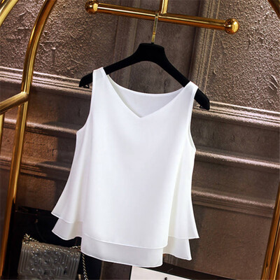 

Womens blouse Summer sleeveless Chiffon shirt Solid V-neck Casual blouse Plus Size  Loose Female Top 2019 Tops
