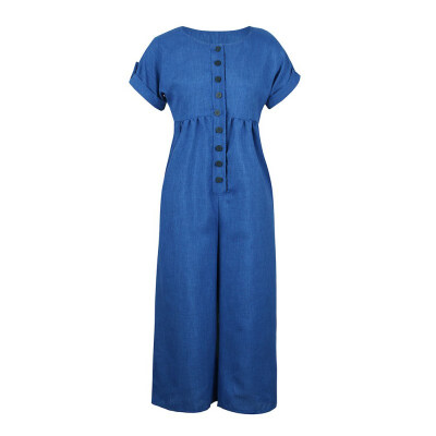 

2019 Summer Casual Jumpsuits Womens Short Sleeve Loose Jumpsuit Solid Color Buttons Linen Cotton Playsuit Trousers Overalls