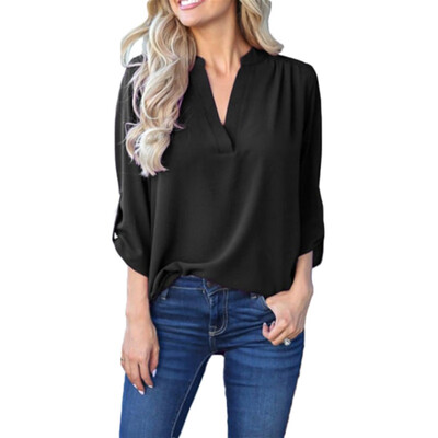 

Women Blouse Long Sleeve Sexy V Neck Autumn Office Lady Chiffon Irregular Shirt Black White Red Female Blouses Plus Size Tops
