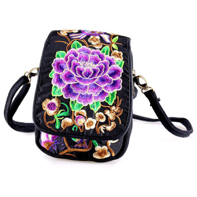 

Vintage Women Girl Flower Embroidery Canvas Crossbody Bag Phone Pouch Coin Purse