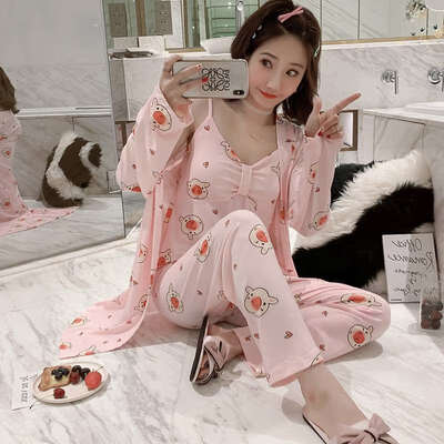 

Woman Autumn Sexy Pajamas Set Printed Sling Sleepwear 3 Peices Long Sleeves Soft Comfort Homewear Sexy Robe Sleepwear