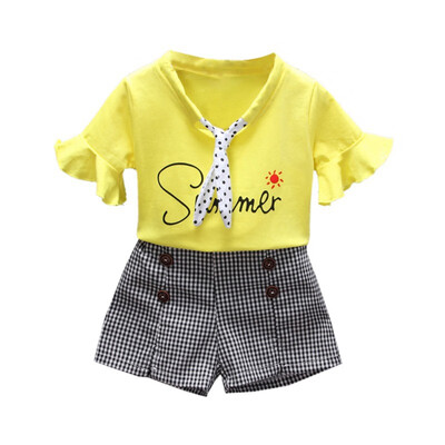 

Girl Shorts Set Summer Children Baby Girls Casual Flare Sleeve Tops Letter Print T-shirtShorts Suits Costume Set