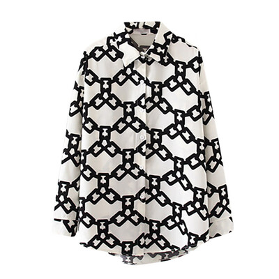 

Women Vintage Cartoon Blouse Chain Print Lapel Shirt Loose Single-breasted Long Sleeve Blouse