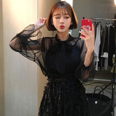 

Women Sexy See Through Mesh Shirt Autumn Long Sleeve Bow Tie Korean Sweet Female White Elegant Perspective Blouses