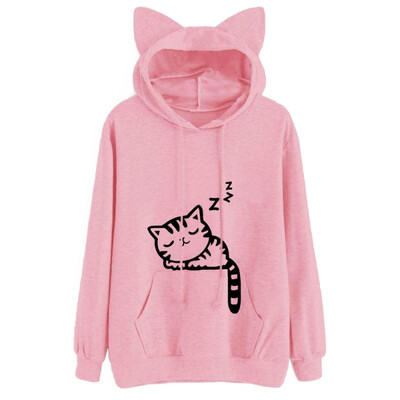 

New 2017 Winter Fashion Women Cat Ear Hooded Sleep Cat Printed Long Sleeve Pullovers Female Fashion Sweatershirt Women