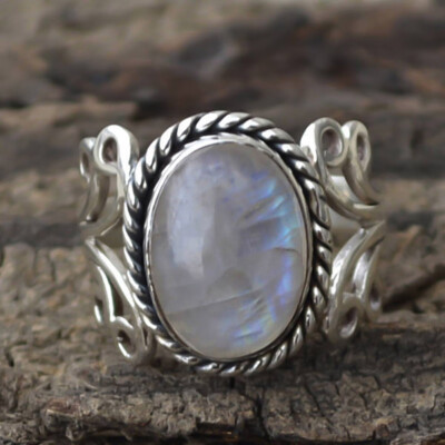 

Women Bohemian Rainbow Moonstone Ring Gifts Retro Jewelry Gemstone Accessory