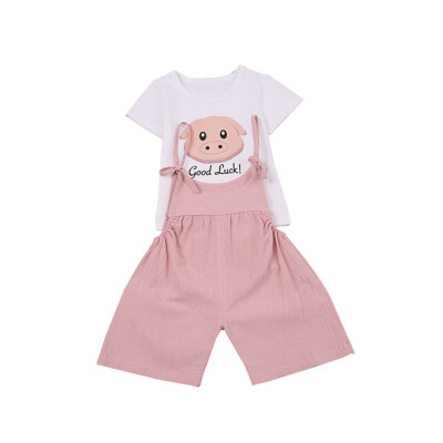 

Summer Baby Girl Short Sleeve Cotton T-shirt Blouse Cartoon Print Strap Shorts Casual Outfits Set Cute Kids Clothes