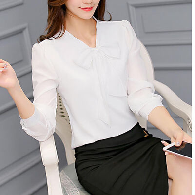 

Women Spring Autumn Long &Short Sleeve Solid Shirt Chiffon Bow Bandage Elegant Shirts Blouses