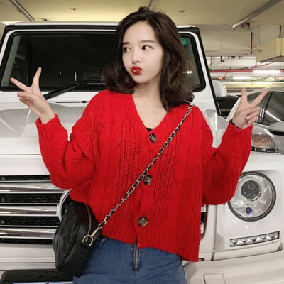 

women knitted cardigan Sexy v-neck Casual button bat long sleeve white sweater Autumn winter loose knit sweater Korean coat