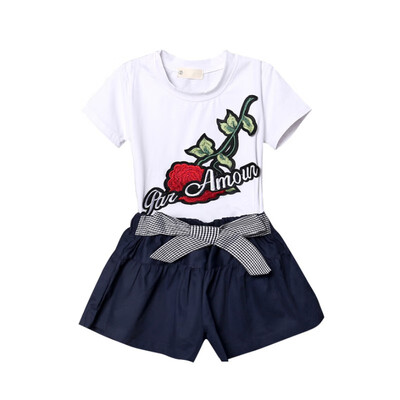

Fashion Kid Clothes Set Summer Girls Floral Print T-shirtLace-up Solid Shorts 2pcs Suit Hot Child Clothing