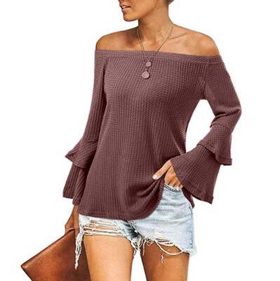 

Tailored Women Autumn Knitted Flare Sleeve Off Shoulder Shirt Temperament Blouse Tops